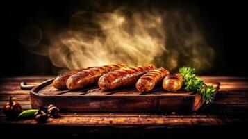 grillé saucisses sur une en bois planche illustration ai génératif photo