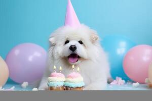 mignonne anniversaire chien avec gâteau. illustration ai génératif photo