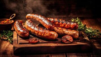 grillé saucisses sur une en bois planche illustration ai génératif photo