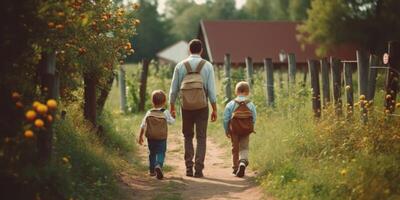 retour à école. vue de le retour de une content papa escortes le sien fils écoliers à école. illustration ai génératif photo