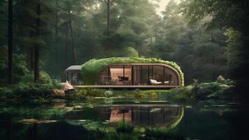 forme de une en forme de maison étang situé dans une luxuriant forêt illustration ai génératif photo