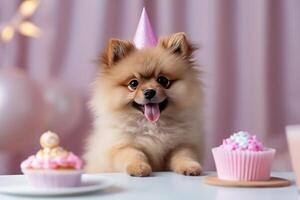 mignonne anniversaire chien avec gâteau. illustration ai génératif photo