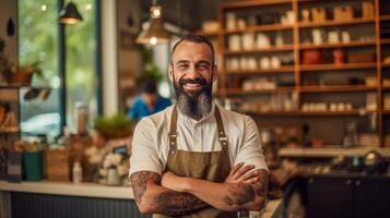 barbu barista dans pub. illustration ai génératif photo