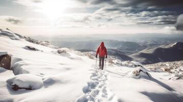 homme randonnée dans hiver Montagne. illustration ai génératif photo