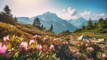 rose fleurs dans Montagne. illustration ai génératif photo