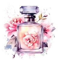 aquarelle parfum bouteille avec fleurs. illustration ai génératif photo