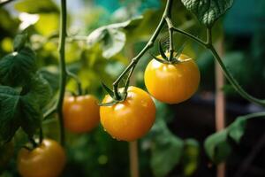 Jaune mûr tomate dans jardin. illustration ai génératif photo