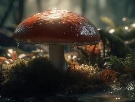 champignon dans le forêt. magnifique rouge mouche agaric dans le mousse. établi avec génératif ai La technologie photo