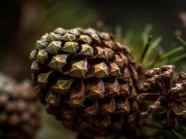 pin cônes dans le forêt. sélectif se concentrer. établi avec génératif ai technologie. photo