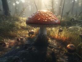 champignon dans le forêt. magnifique rouge mouche agaric dans le mousse. établi avec génératif ai La technologie photo