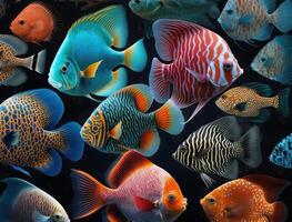 groupe de coloré des poissons sur foncé Contexte établi avec génératif ai La technologie photo