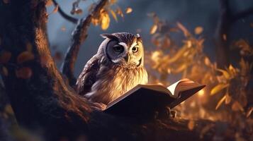 hibou en train de lire livre sur arbre à nuit, apprentissage et savoir concept, génératif ai photo