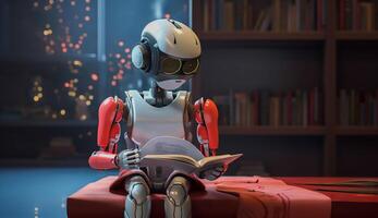 ai robot en train de lire livre, apprentissage et connaissance de ai intelligent ceconcept, ai génératif photo