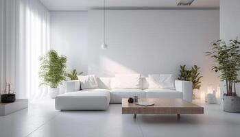 moderne appartement avec élégant décor, confortable canapé, et brillant éclairage généré par ai photo