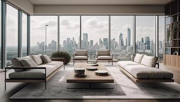 moderne luxe appartement avec panoramique paysage urbain voir, confortable fauteuil relaxation généré par ai photo