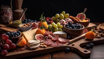 rustique apéritif plateau avec Frais fruit, Viande, et gourmet les fromages généré par ai photo