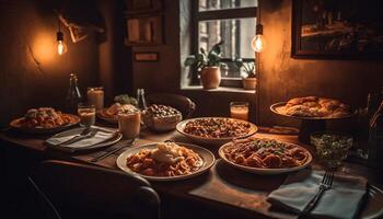 rustique tableau, gourmet repas, Frais Viande, en bonne santé alimentaire, fait maison pain généré par ai photo