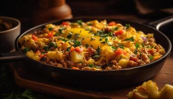 en bonne santé végétarien Risotto avec Frais des légumes dans jeter le fer la poêle généré par ai photo