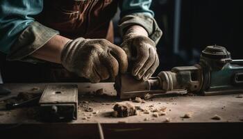 caucasien Charpentier en portant planche avec compétence dans travail du bois industrie généré par ai photo