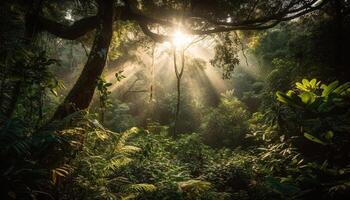 tranquille scène de une humide forêt avec vert feuillage croissance généré par ai photo
