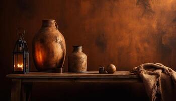 rustique poterie collection décore vieux façonné en bois table à l'intérieur généré par ai photo