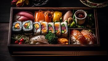 gourmet Fruit de mer repas avec Frais poisson, Sushi, et des légumes généré par ai photo