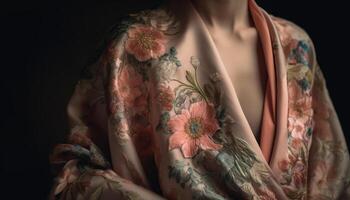 élégant Jeune femme dans soie robe avec floral modèle à l'intérieur généré par ai photo