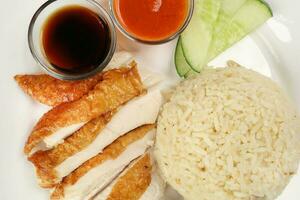 Sud est asiatique style poulet riz ensemble à la vapeur rôti tranché poulet avec soupe foncé Chili sauce Malaisie Chine photo