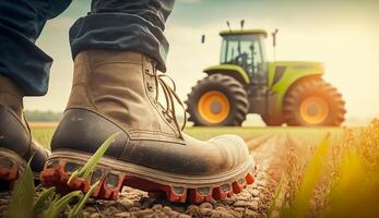 fermer de une Les agriculteurs pieds dans caoutchouc bottes en marchant dans champ vert les plantes avec agricole véhicule arrière-plan, génératif ai photo