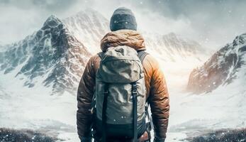 retour vue de une homme avec sac à dos supporter dans de face de haute Montagne couverture avec neige, défi concept, ai génératif photo
