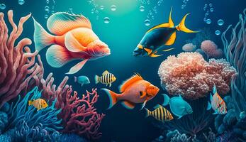 groupe de coloré poisson et mer animaux avec coloré corail sous-marin dans océan, génératif ai photo