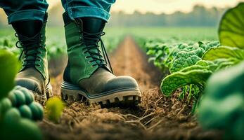 fermer de une Les agriculteurs pieds dans caoutchouc bottes en marchant dans champ vert les plantes avec agricole véhicule arrière-plan, génératif ai photo