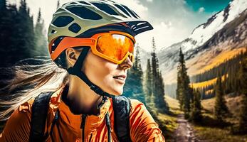 Montagne Cyclisme femme équitation sur bicyclette dans été montagnes forêt paysage, ai génératif photo