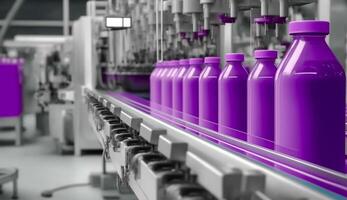 ceinture ou ligne dans Frais violet boisson avec moderne automatique industriel machine équipement, embouteillage plante et coloré jus boisson Plastique bouteille dans usine, ai génératif photo