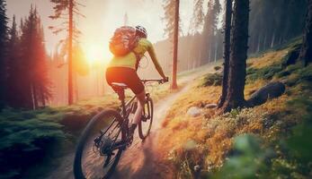 Montagne Cyclisme femme équitation sur bicyclette dans été montagnes forêt paysage, ai génératif photo