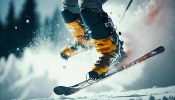 proche en haut sauter skieur ski. extrême hiver des sports sur montagne, aventure sport, ai génératif. photo