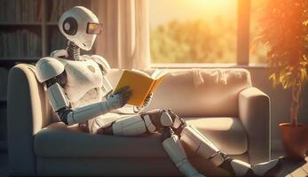 ai robot en train de lire livre, apprentissage et connaissance de ai intelligent ceconcept, ai génératif photo