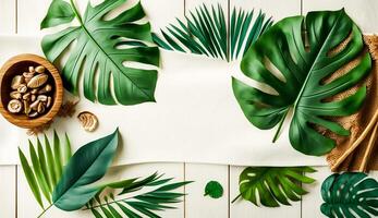 Haut vue de tropical feuilles sur blanc en bois avec blanc nappe de table arrière-plan, génératif ai photo