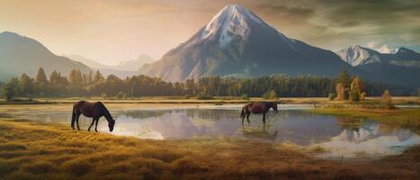 de race les chevaux pâturage avec vert magnifique Montagne Contexte dans matin, ai génératif photo