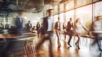 brouillé affaires gens en marchant avec vite mouvement dans Bureau et gens réunion sur tableau, génératif ai photo