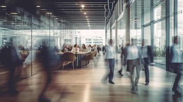 brouillé affaires gens en marchant avec vite mouvement dans Bureau et gens réunion sur tableau, génératif ai photo