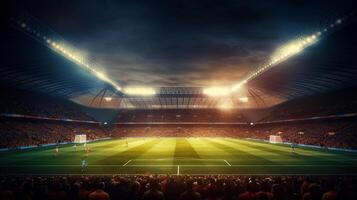 vue à l'intérieur football stade avec Ventilateurs sur stade Jeu et public gens fête, génératif ai. photo