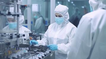 Personnel dans uniforme vérifier médical flacons sur production ligne à pharmaceutique usine, pharmaceutique machine travail pharmaceutique verre bouteilles production, génératif ai photo