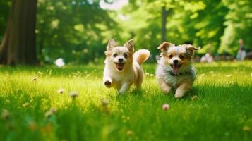 mignonne marrant chiens groupe fonctionnement et en jouant sur vert herbe dans parc, génératif ai photo