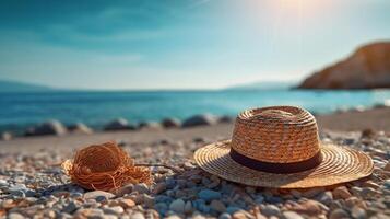 sablonneux plage avec chapeau et Soleil lunettes, bleu mer comme été arrière-plan, génératif ai photo
