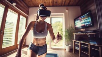 femme portant virtuel réalité casque et fonctionnement sur tapis roulant à maison, ai génératif photo