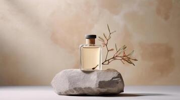 parfum bouteille sur Naturel pierre Contexte. illustration ai génératif photo