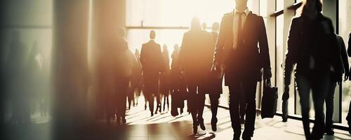 foule de affaires gens en marchant dans Bureau vite en mouvement, génératif ai photo