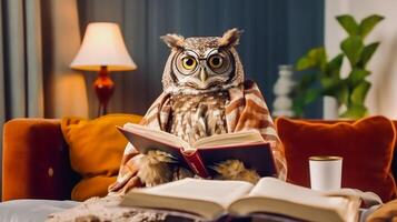 hibou en train de lire livre sur canapé, apprentissage et savoir concept, génératif ai photo