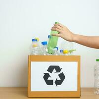 bénévole garder Plastique bouteille dans papier boîte à Accueil ou bureau. main tri recycler ordures. écologie, environnemental, pollution, disposer recyclage, déchets la gestion et poubelle séparation concept photo